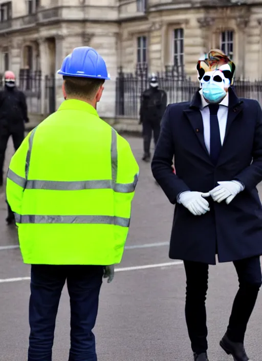 Image similar to macron wearing hivis coat, hard hat and rubber gloves