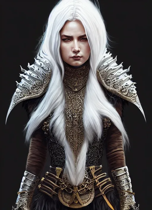 Image similar to fur armor!!! long wild white hair!! covered chest!!! fantasy, d & d, intricate ornate details, symmetry, concept art, sharp focus, illustration, art by artgerm! greg rutkowski magali villeneuve wlop! ilya kuvshinov!!, octane render, unreal engine 5, highly rendered!!