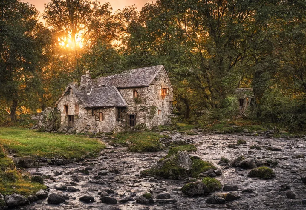 Prompt: a small stone medieval house near a small river at sunset, dramatic lighting, cinematic lighting, HDR, highly detailed, high quality, Seb McKinnon style, 8k, anime style