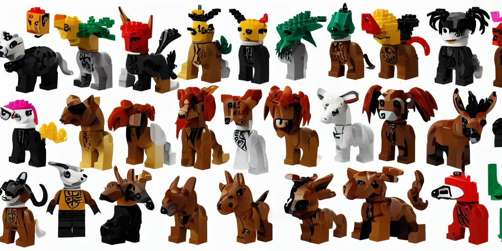 Prompt: small animals made of two or three lego bricks, four legged, quadrupedal, cute looking, kawaii, sharp focus, character sheet, game concept art, blocky, lego mixels