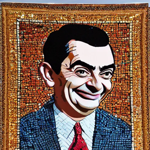 Image similar to a highly detailed ornate and intricate Persian mosaic of Mr. Bean!, gold and cobalt tiles