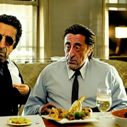 Image similar to movie still of the dinner scene in Heat, rendering of al pacino and robert de niro as old men, cinematic,