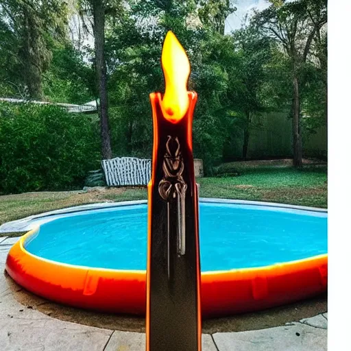 Prompt: “a flaming, glowing and burning claymore sword 🗡 floating in a suburban backyard pool, in the middle of the night, deepest darkest midnight. Photograph. Flash photograph. Cursed image. Found photograph.”