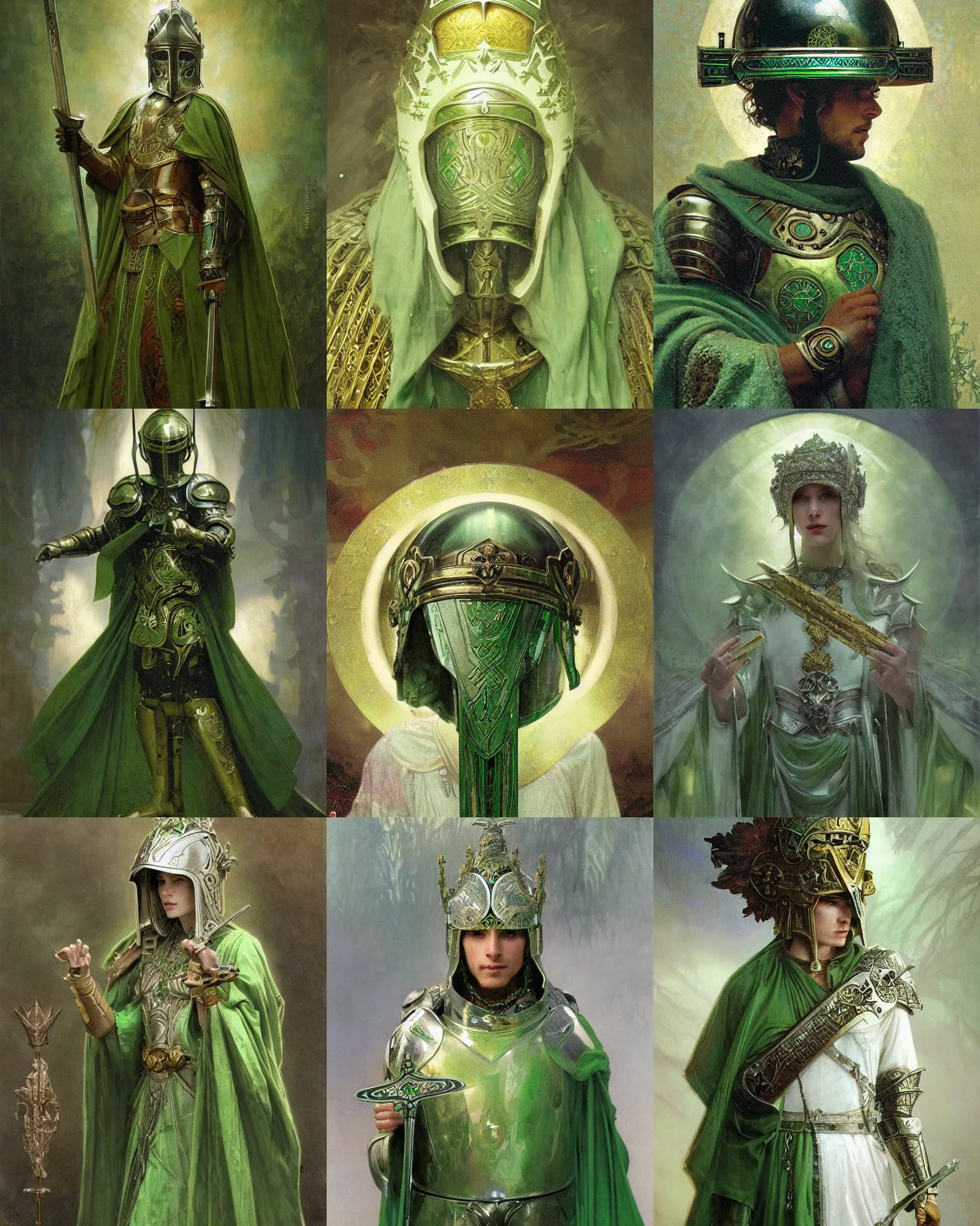 Prompt: portrait of a divine helmet knight dressed in green robes and helmet, silver crown, runes, jewelry, mystical, ethereal, magical white fog, painting by greg rutkowski and alphonse mucha
