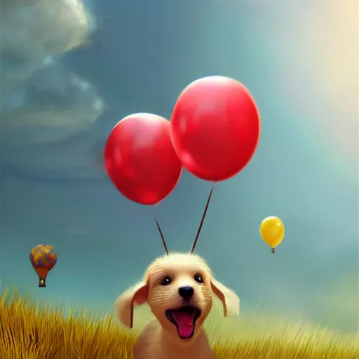 Prompt: puppy flying holding balloons, 8k, fantasy, intricate, cinematic lighting, highly detailed, digital painting, artstation, concept art, smooth, sharp focus, illustration, by Pixar