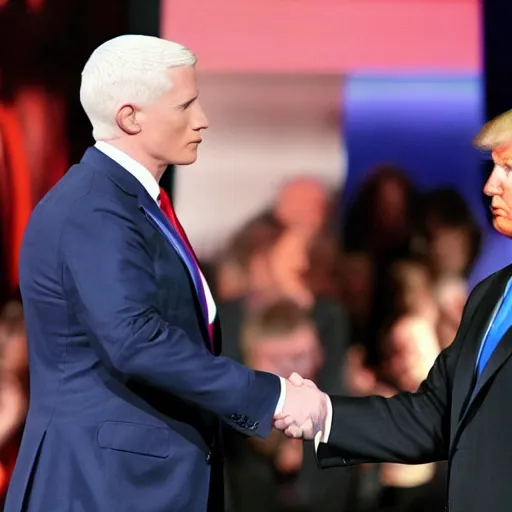 Image similar to anderson cooper and donald trump shaking hands