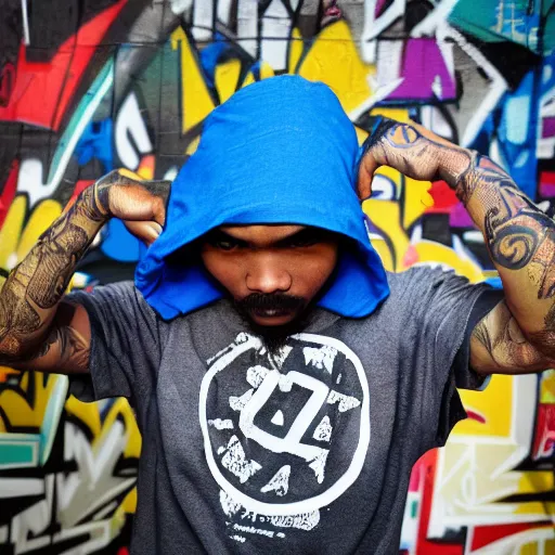 Image similar to crips gang member with batik bandana and parang rusak logo in their graffiti hood - realistic - photorealistic - hd - trending hood photos of the year - ilustrator - detailed - realistic image - people - hood - hd