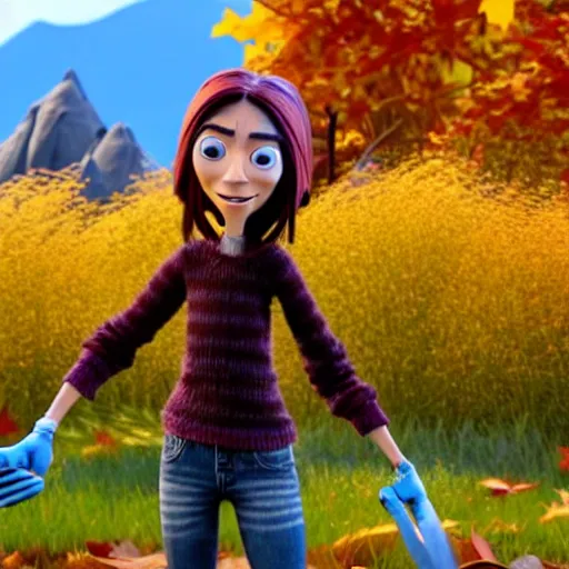 Prompt: a stopmotion animation character, a beautiful canadian woman, gardening, very attractive, messy dark grey hair, striped sweater, tight denim jeans, maroon doc marten boots, canadian maple leaves blowing about, mountains, autumn, unreal engine 5, 8 k, kubo and the two strings, disney, pixar,