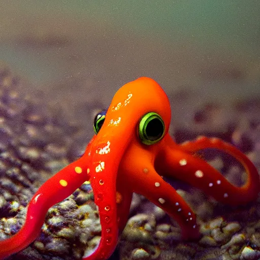 Image similar to fiery whimsical emotional eyes cephalopod, in a photorealistic macro photograph with shallow dof, in the deepest seas of the unconscious psyche