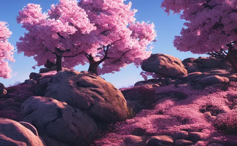 Image similar to cherry blossoms in the rocky hills, Low level, rendered by Beeple, Makoto Shinkai, syd meade, simon stålenhag, synthwave style, digital art, unreal engine, WLOP, trending on artstation, 4K UHD image, octane render,