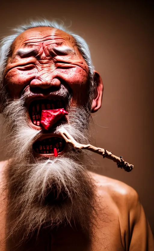 Image similar to screaming old asian man with beard, his head covered in jewels, full face silver mask, glowing eyes, wearing a wooden stick, smoke around him, in the dry rock desert, cinematic shot, wide angle, desert background, award winning photography, 8k, in the style of David Lynch, Alejandro Jodorowsky and Gaspar Noe