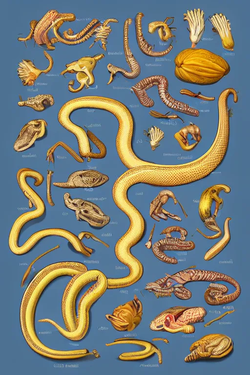 Prompt: anatomical encyclopedia illustration of a snake, photorealistic, diagram, intricate details
