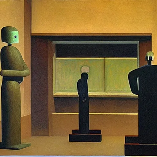 Image similar to three brutalist robot bishops in a study chambers, grant wood, pj crook, edward hopper, oil on canvas