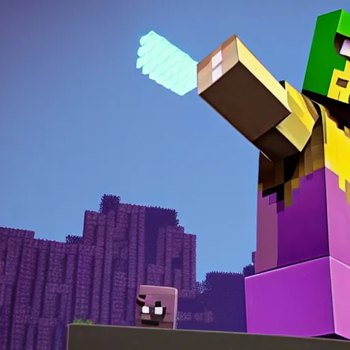 Image similar to thanos playing minecraft survival mode on an xbox,