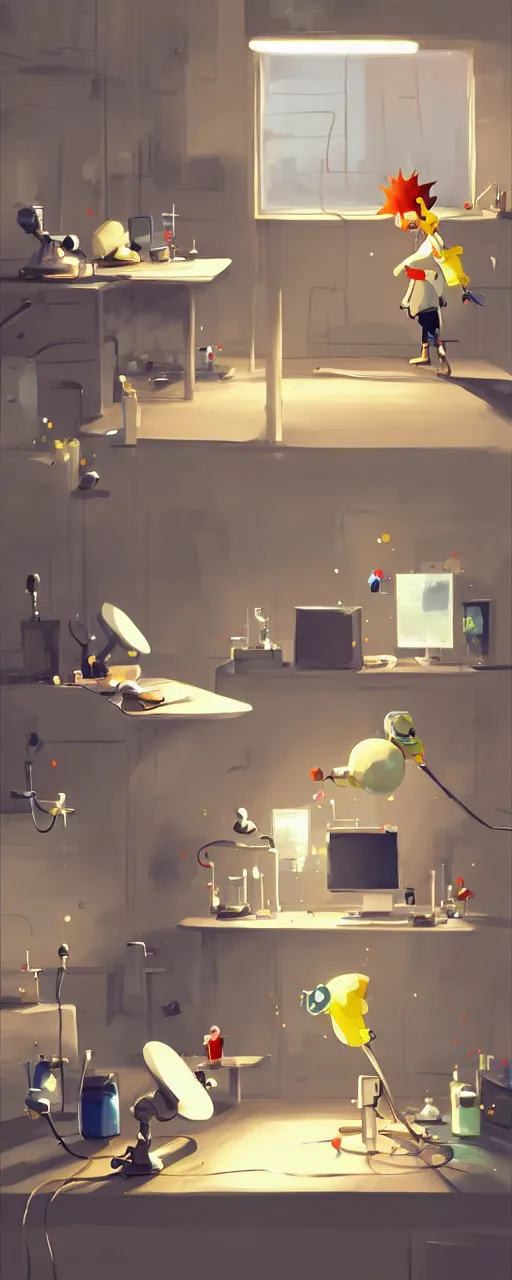 Image similar to goro fujita ilustration a science laboratory in a game dev studio office, explosion in the laboratory, small sparkles from computers, painting by goro fujita, sharp focus, highly detailed, artstation