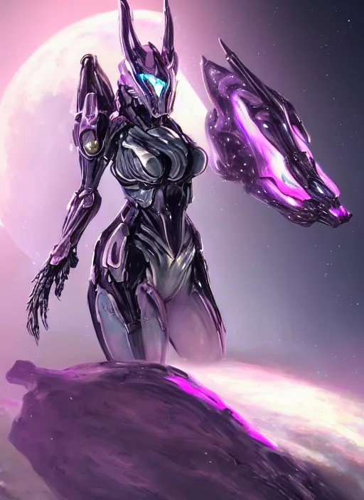 Image similar to cinematic shot, cosmic sized perfectly proportioned stunning beautiful hot female warframe, robot mecha female dragon head, mecha dragon maw, silver armor, fuschia leds, floating in empty space, nebula sized, holding a galaxy, epic proportions, epic size, epic scale, furry art, dragon art, giantess art, warframe fanart, furaffinity, deviantart