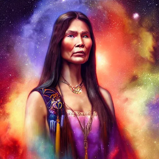 Prompt: a portrait of Pocahontas in the space with nebulae, realistic painting, high definition, digital art, matte painting, very detailed, realistic