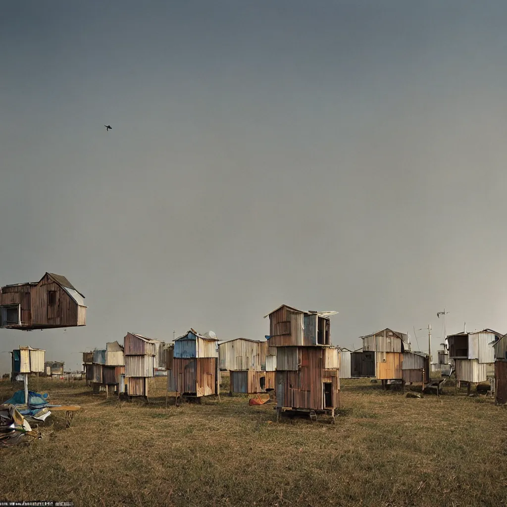 Image similar to towers made up of stacked makeshift squatter shacks with faded colours suspended over a quagmire, plain uniform sky at the back, misty, mamiya, ultra sharp, very detailed, photographed by julie blackmon, cristina de middel and john chiara