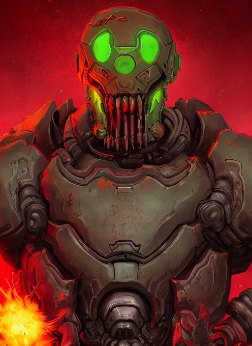 Image similar to ( doom ) cover featuring doom slayer!! cyberdemon!! by kenneth scott, artstation, vivid gaze