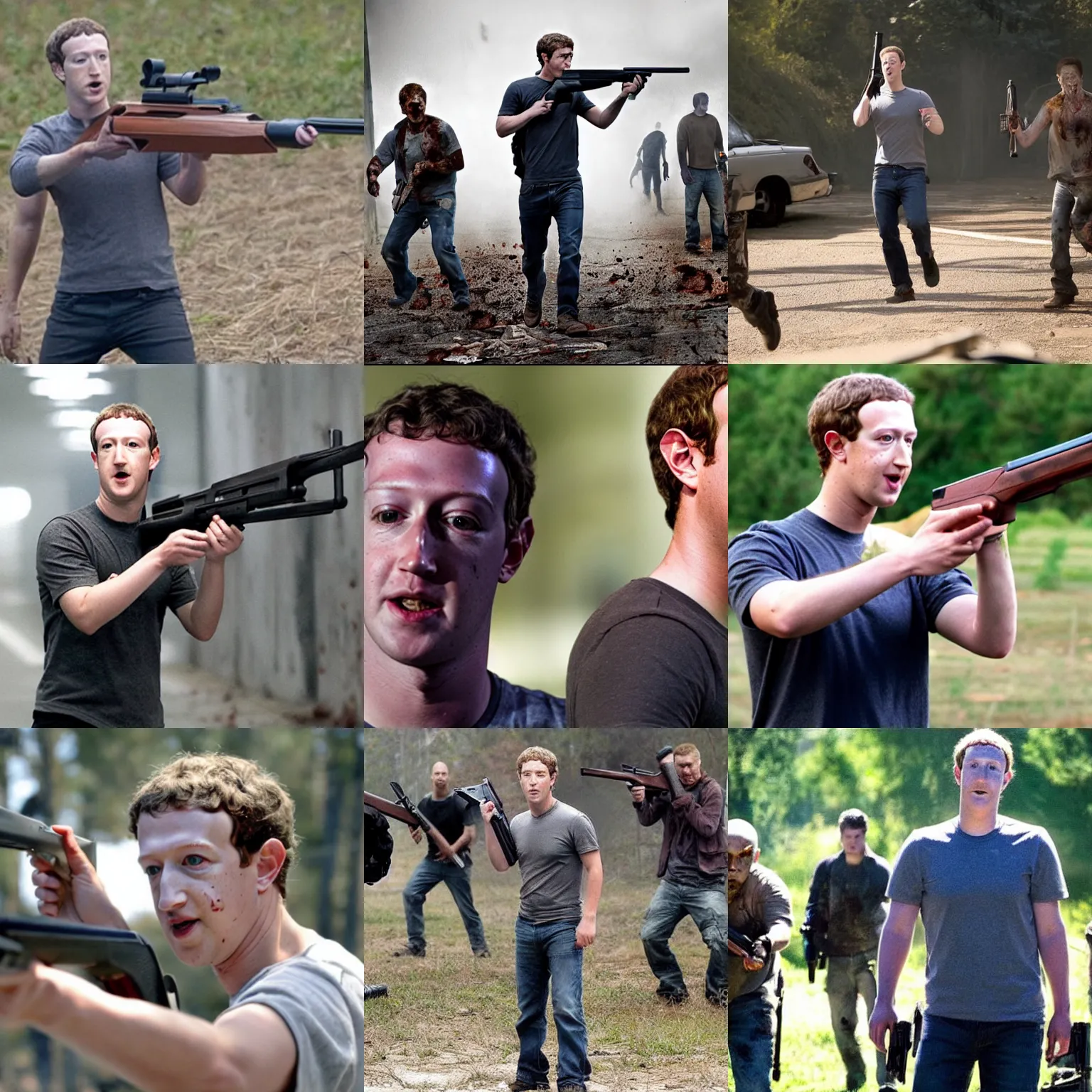 Prompt: mark zuckerberg wielding a shotgun in a zombie apocalypse movie