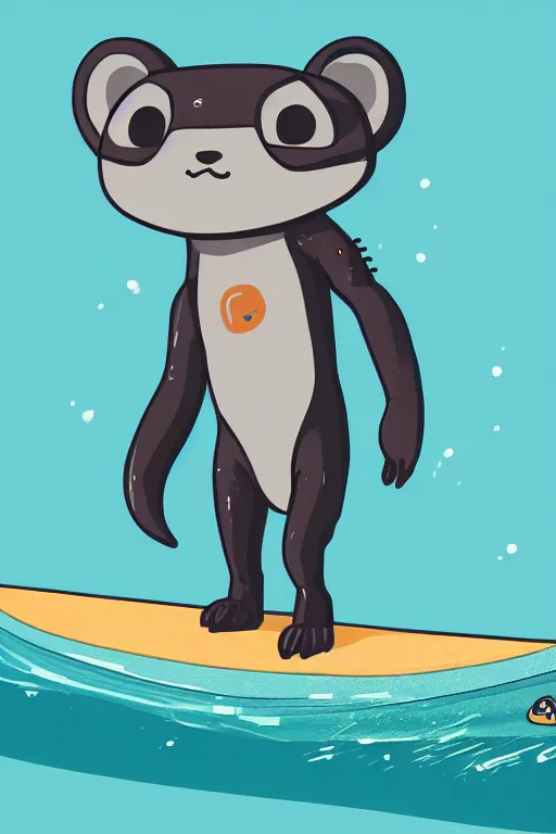 Prompt: a cute male gray turquoise white orange otter fursona wearing a black wetsuit and holding a surfboard on a beach, fantasy, paws on the sand, 8 k resolution, hyper detailed, character design, illustration, trending on artstation