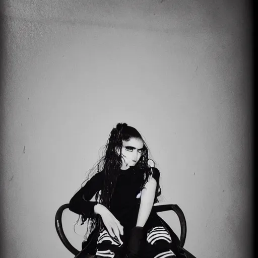 Prompt: A photo of Grimes, taken from her Instagram account, with the caption art is the weapon, in a black and white filter, with a dark and gritty vibe.