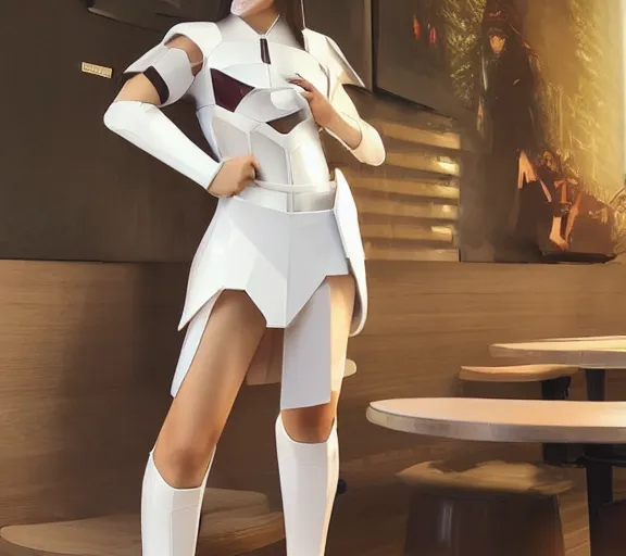 Image similar to stunning young adult korean woman in a coffee shop wearing low poly, glossy white armor, mark arian