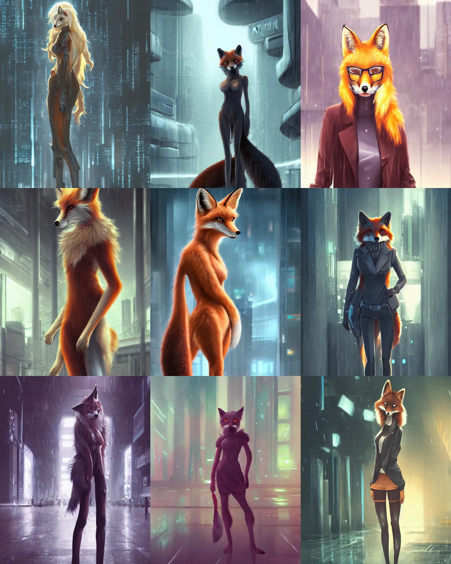 Prompt: a gorgeous female natural fox fursona, standing in a rainy futuristic plaza with massive pillars, trending on artstation, by kawacy, furry art, digital art, cyberpunk, high quality, backlighting, cinematic