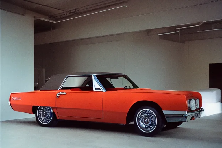Image similar to single 1969 Thunderbird by Renault, inside of a minimalist Tokyo garage, ektachrome photograph, volumetric lighting, f8 aperture, cinematic Eastman 5384 film