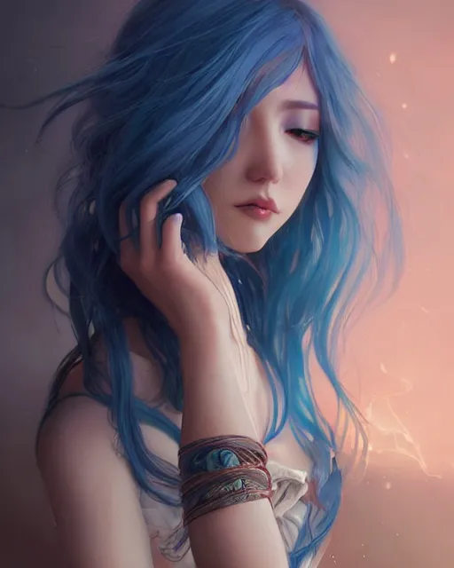 Prompt: stunningly beautiful female blue hair, dj sura, dj geadset, fantasy art, dark light night, sharp focus, digital painting, 8 k, concept art, art by wlop, artgerm, greg rutkowski and alphonse mucha