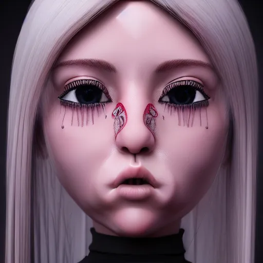 Prompt: beautiful ball jointed doll head, long shiny hair, intricate detailed, sharp focus, octane render, high quality, Symmetrical face composition, 8k, volumetric lighting, on black background