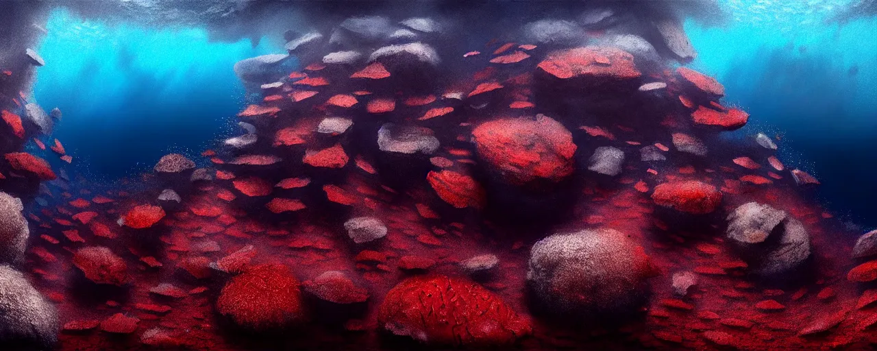 Image similar to A gorgeous detailed oil of a dark red sea covered in big blue steep rocks, a school of piranhas underwater, the further away the mistier it gets, surreal, concept art, dark aesthetic, atmospheric, moody, hyperrealism, highly detailed, masterpiece, award winning, 4k, unreal engine