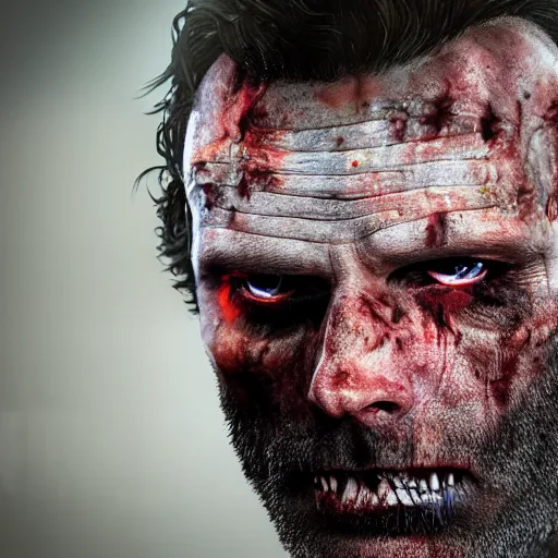 Image similar to rick grimes, zombie, head and shoulders shot, portrait, medieval, vivid colors, sharp focus, digital art, Hyper-realistic, 4K, Unreal Engine, Highly Detailed, HD, Dramatic Lighting by Brom, trending on Artstation