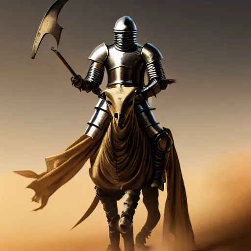 Image similar to A noble medieval knight fighting a war in the desert, dust and blood in the air, dark and horrifying, hyper realistic, photo realistic, cinematic lighting, volumetric lighting, Gold and Silver Armour Suit, black iron sword, trending on Artstation, Game Splash Screen, art by Artgerm and Greg Rutkowski and Alphonse Mucha