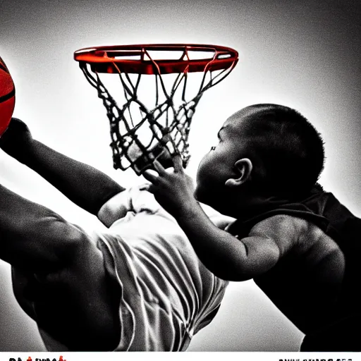 Prompt: a baby dunking a basketball, dramatic action photography, close up, epic shot