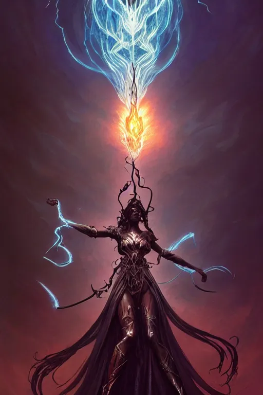 Prompt: Goddess of Black Lightning, digital art, fantasy, magic, trending on artstation, illustration by Seb McKinnon and Peter Mohrbacher, ultra detailed, atmospheric, powerful presence, bossfight, darksouls, grand finale, explosive entrance, final battle, cutscene, cinematic lighting, beautiful goddess, unleashing the power of the flame, burning pulse, close-up