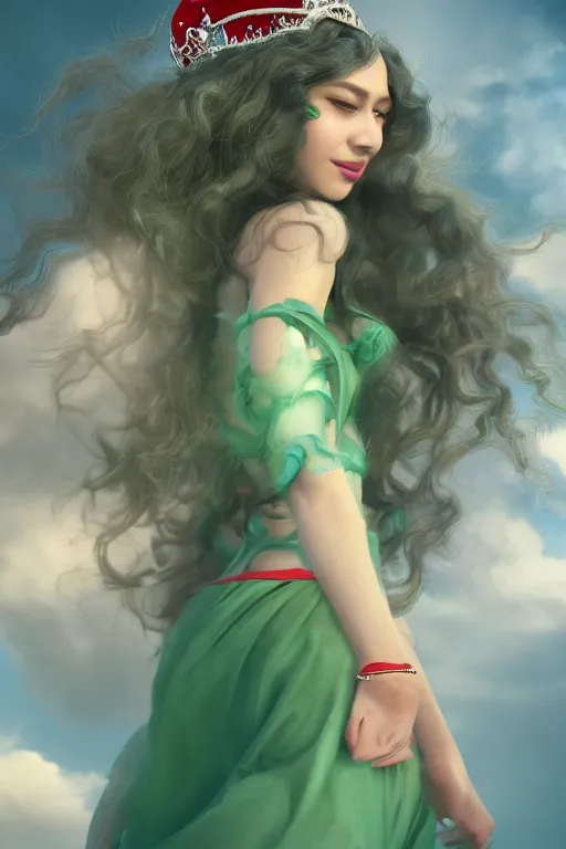 Image similar to dreamy beautiful persian asian princess in clouds, green eyes, red dress, long black curly hair, smiling, wearing a diamond tiara, face, highly detailed, artstation, concept art, sharp focus, hyper realistic, octane render, unreal engine, 8 k