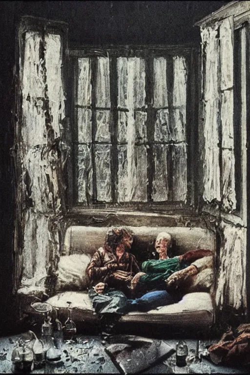 Image similar to realistic detailed image of a Top-down perspective of an old dead couple sitting on a couch with bottles on the floor in old living room with big window in thestyle of Francis Bacon and Greg Rutkowski, interior room, old dead couple in a messy living room with big window. Still from 1982 movie The Thing. Beksiński Masterpiece