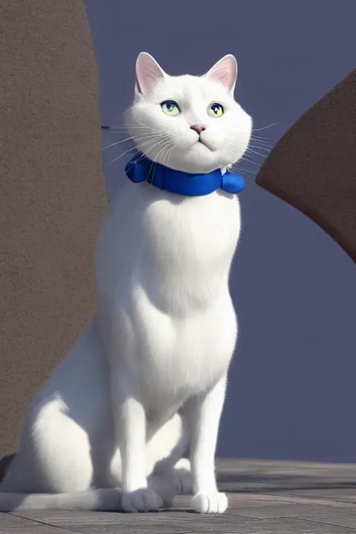 Image similar to a white cat with blue eyes wearing a red formal overcoat, hyperrealistic, concept art, octane render, unreal engine 5, realistic and defined face, profile picture, digital art, pixar and disney style, symmetrical, high quality, highly detailed, high coherence, path traced, house background, low contrast, beautiful, elegant clothes