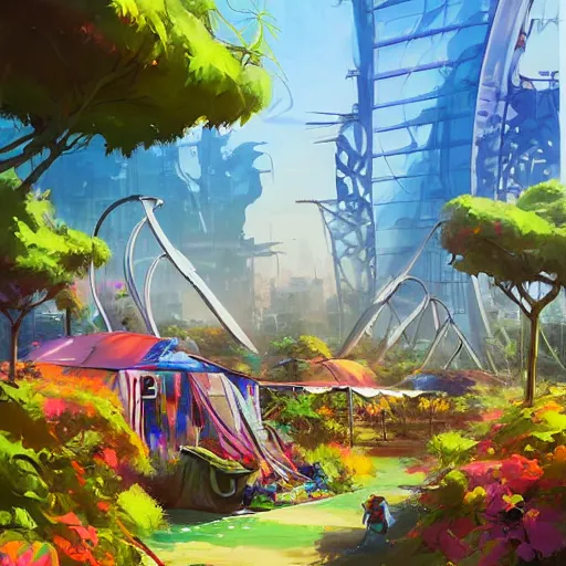 Image similar to hippie bohemian encampment with tie - dye tents and a garden with solar panels. a futuristic city in the distance. art by jesper ejsing, by rhads and tyler edlin, cgsociety, panfuturism, dystopian, bold colors, digital art, cyberpunk, expressive brushstrokes. anime aesthetic