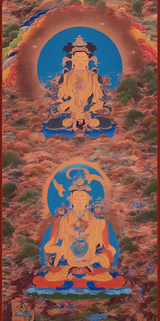 Image similar to Huge Thangka, fantasy, cinematic 8k, houdini render, detailed, 9:16