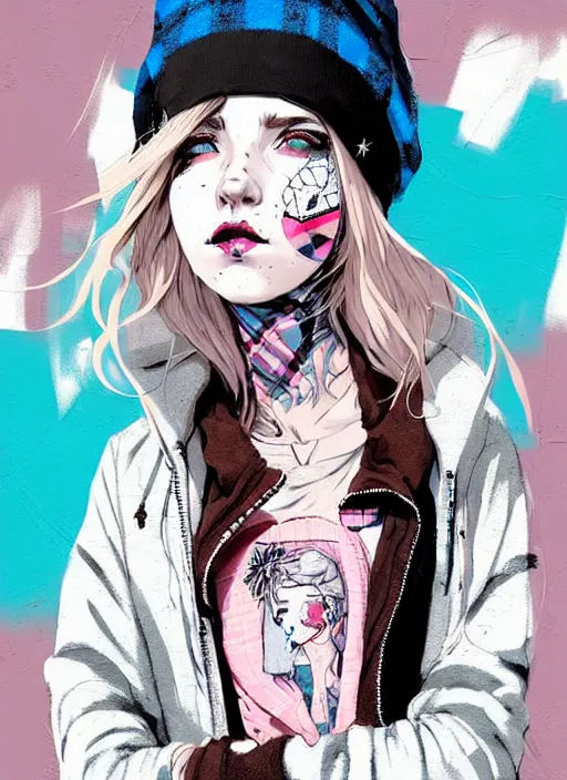 Prompt: highly detailed portrait of an american sewer punk lady student, blue eyes, tartan hoody, hat, white hair by ( ( atey ghailan ) ), by greg tocchini, by kaethe butcher, by james gilleard, gradient pink, black, brown, cream and light blue color scheme, grunge aesthetic!!! ( ( graffiti tag wall ) )