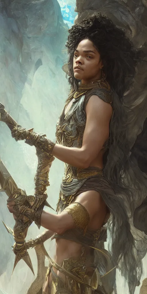 Image similar to tessa thompson, beautiful fantasy warrior princess, dungeons and dragons, masterpiece by edgar maxence and ross tran and michael whelan, gustav dore, 8 k, octane render