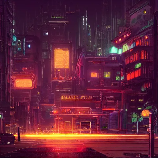 Image similar to A cityscape at night, with a full moon, neon lights, cyber punk setting, steam punk machinery, top-rated, award winning, cityscape, science fiction, futuristic, shadows, technical, highly detailed, digitally painted, illustration, by Simon Stålenhag and Greg Rutkowski