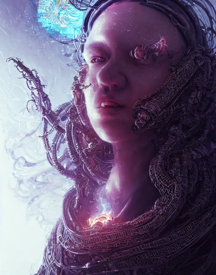 Prompt: Seismic god close-up portrait tribal beautiful slavic russian monk in hooded princess queen, ancient high tech, cyberpunk, dystopian, jellyfish phoenix dragon, butterfly squid, burning halo, intricate artwork by Tooth Wu and wlop and beeple, greg rutkowski, very coherent symmetrical artwork, cinematic, hyper realism, high detail, octane render, unreal engine, 8k, Vibrant colors, Smooth gradients, High contrast, depth of field, aperture f1.2