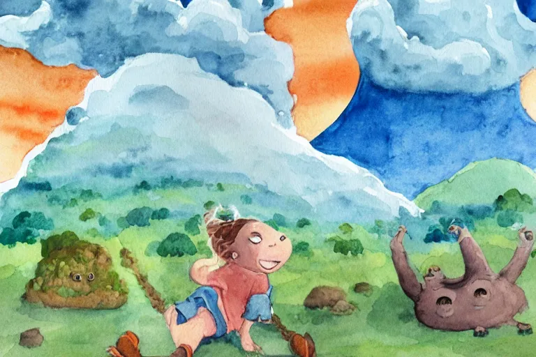 Image similar to giant ogre eating clouds, watercolor kid book illustration