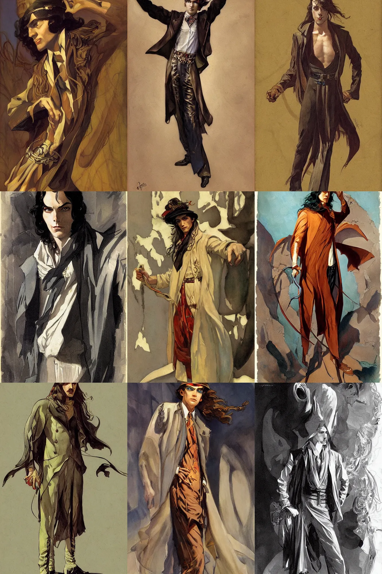 Prompt: thin male mage with long dark hair, 1 9 2 0 s fashion, fantasy, art by joseph leyendecker, finnian macmanus, marc simonetti