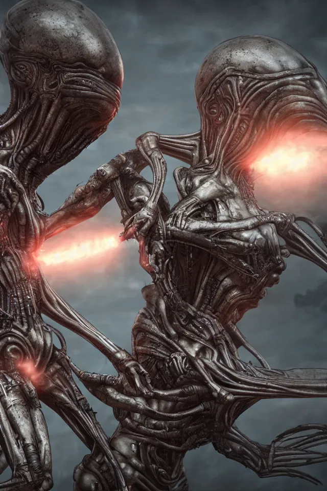 Image similar to Two Alien Mutant Gladiators Battle To Their Demise In Another Universe Moebius HR Giger Style, 8K, octane render, HDR, volumetric lighting, Production I.G. Anime Style