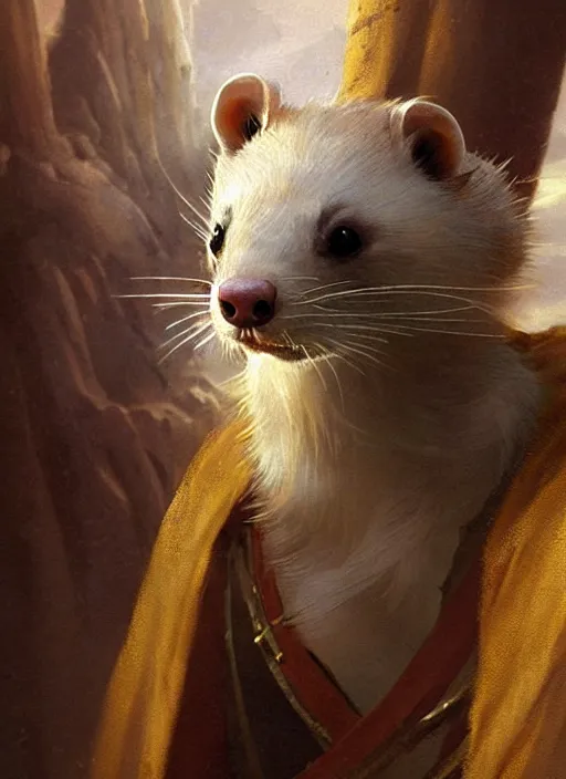 Prompt: a beautiful close - up shot from a fantasy film of an anthropomorphic ferret with bright golden eyes wearing a loose tunic. joseph ducreux, greg rutkowski.