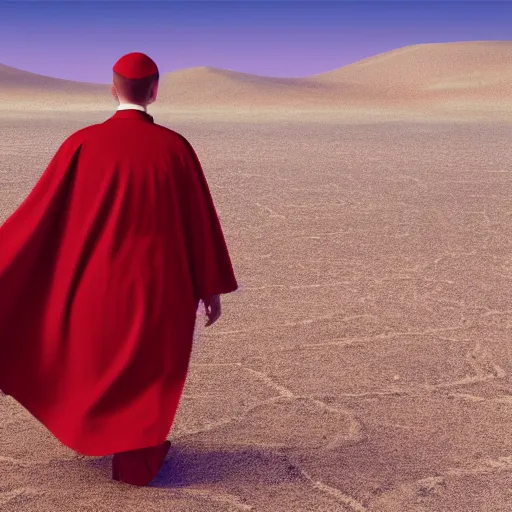 Image similar to a priest wearing red robes walking in a desert, sunny weather, gerhard richter, rendered in octane, realistic, 8 k, vivid, intricate, detailed